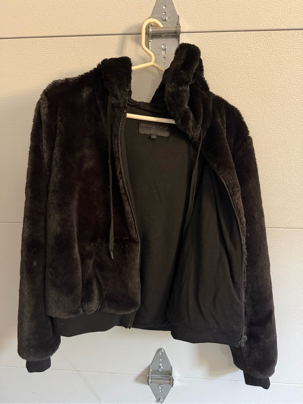 Kendall & Kylie Plush Black Faux-Fur Hooded Jacket